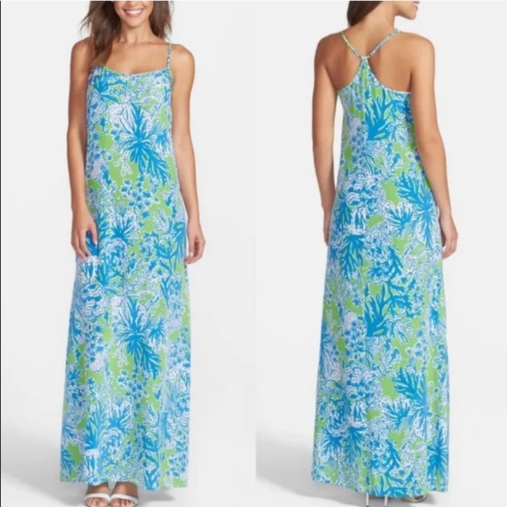 Lilly Pulitzer Blue and Green Maxi Dress Size Medium with Adjustable Straps